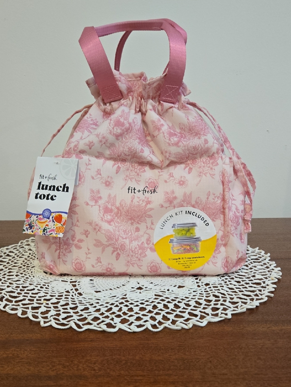 fit+fresh Pink Floral Drawstring Lunch Tote